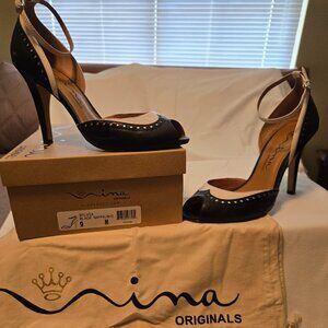 Nina Originals Black and White ankle strap high heel